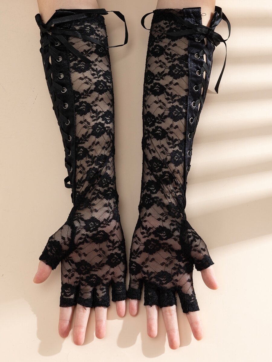 Guantes con patrón floral con cordón delantero - Negro - Ver 1