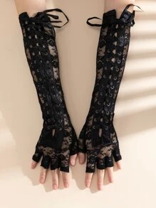 Guantes con patrón floral con cordón delantero - Negro - Ver 2