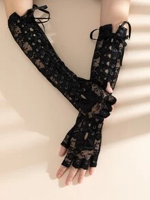 Guantes con patrón floral con cordón delantero - Negro - Ver 4