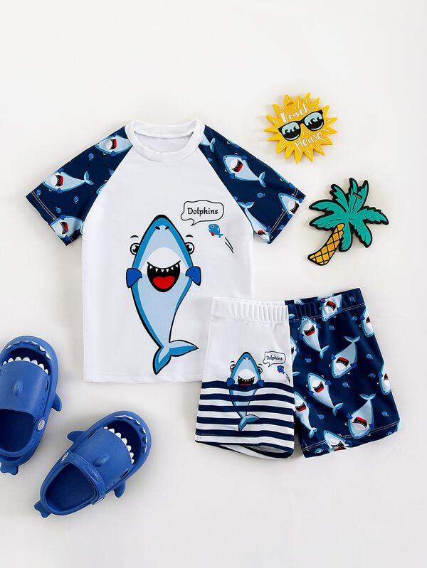 Young Boy Cartoon Shark Swimsuit Summer Holiday