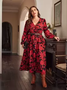 SHEIN Clasi Vestido con estampado floral de manga farol sin cinturón - Multicolor - Ver 1