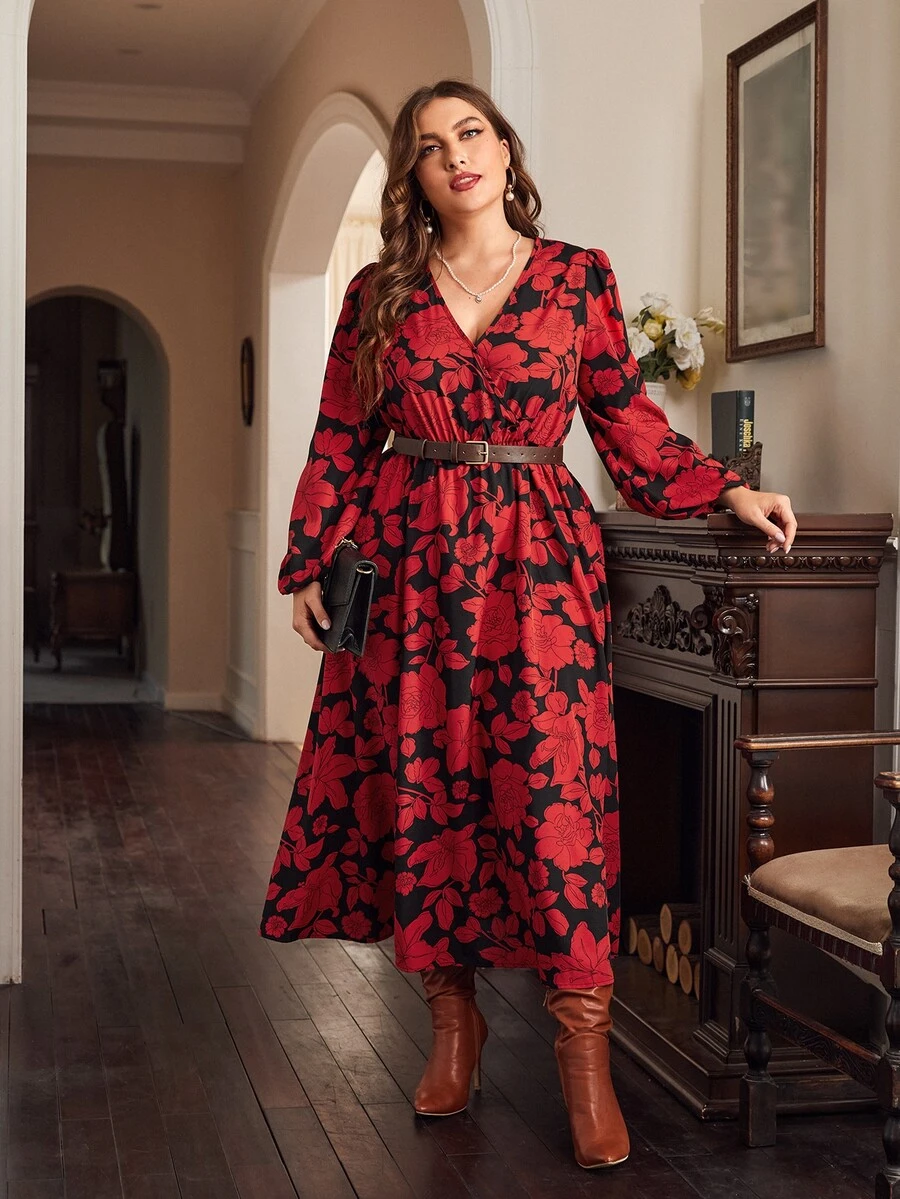 SHEIN Clasi Vestido con estampado floral de manga farol sin cinturón - Multicolor - Ver 1