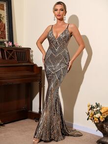 LOVE&LEMONADE Open Back Mermaid Hem Sequin Slip Formal Dress Elegant Prom Evening Wedding Guest Gown, For Graduation, Dinner Party Dress - Multicolor - View 3