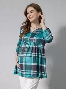 Maternity Half Button Plaid Peplum Nursing Top - Green - View 1
