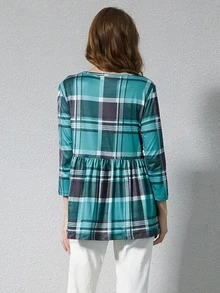 Maternity Half Button Plaid Peplum Nursing Top - Green - View 2