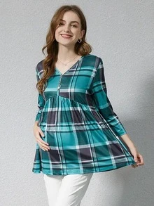 Maternity Half Button Plaid Peplum Nursing Top - Green - View 3