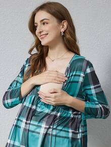 Maternity Half Button Plaid Peplum Nursing Top - Green - View 4