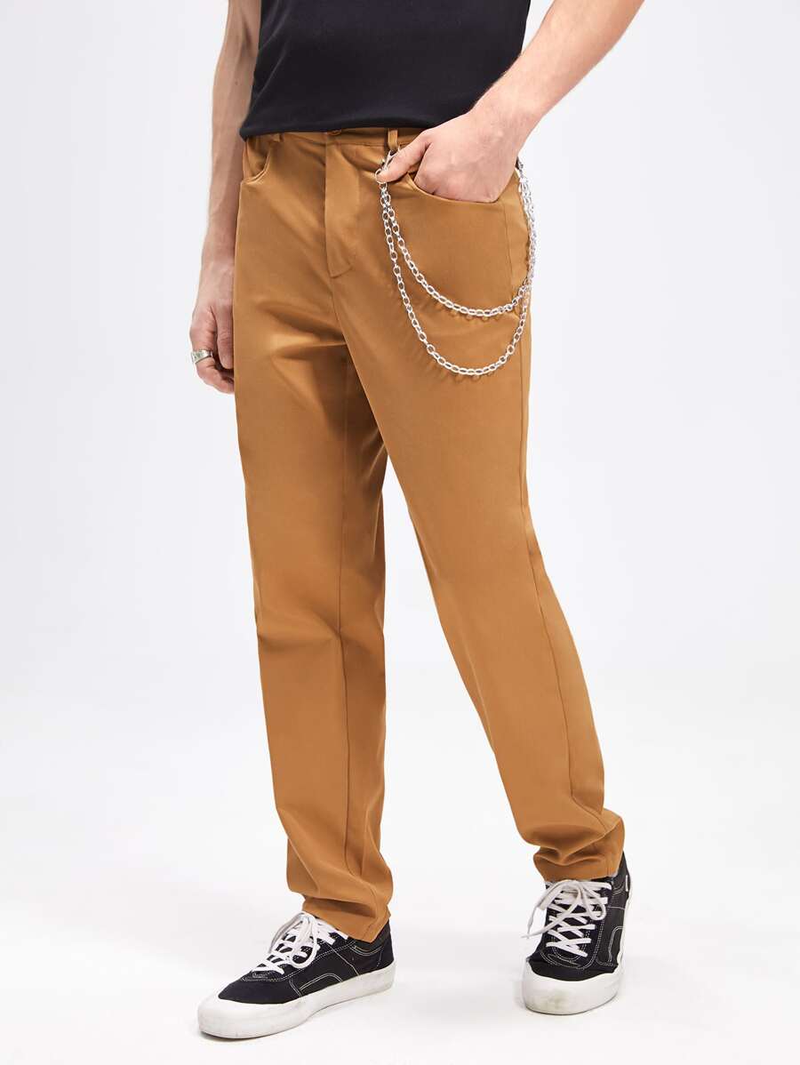 Manfinity Men Chain Detail Straight Leg Trousers - Brown - View 1