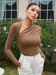 COSMINA Camiseta de cuello asimétrico fruncido - Marrón - Ver 5