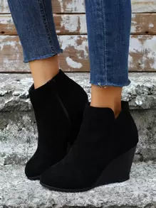 Women Thick Sole Wedge Ankle Boots Fashion Casual Side Zipper Winter Slip-On Short Black Booties,Boots For Women - Black - View 3
