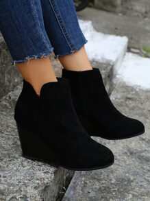 Women Thick Sole Wedge Ankle Boots Fashion Casual Side Zipper Winter Slip-On Short Black Booties,Boots For Women - Black - View 4