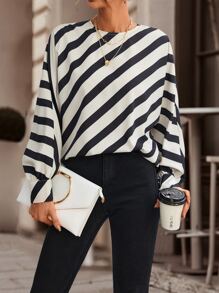 Chiquease Striped Print Batwing Sleeve Blouse - Black and White - View 1