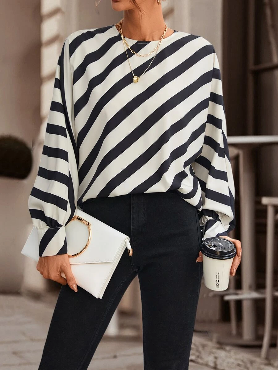 Chiquease Striped Print Batwing Sleeve Blouse - Black and White - View 1