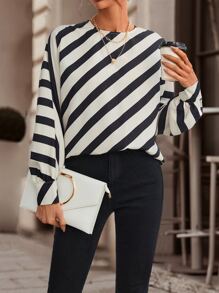 Chiquease Striped Print Batwing Sleeve Blouse - Black and White - View 3
