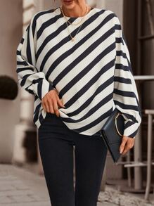 Chiquease Striped Print Batwing Sleeve Blouse - Black and White - View 4