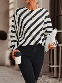 Chiquease Striped Print Batwing Sleeve Blouse - Black and White - View 5