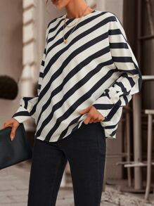 Chiquease Striped Print Batwing Sleeve Blouse - Black and White - View 6