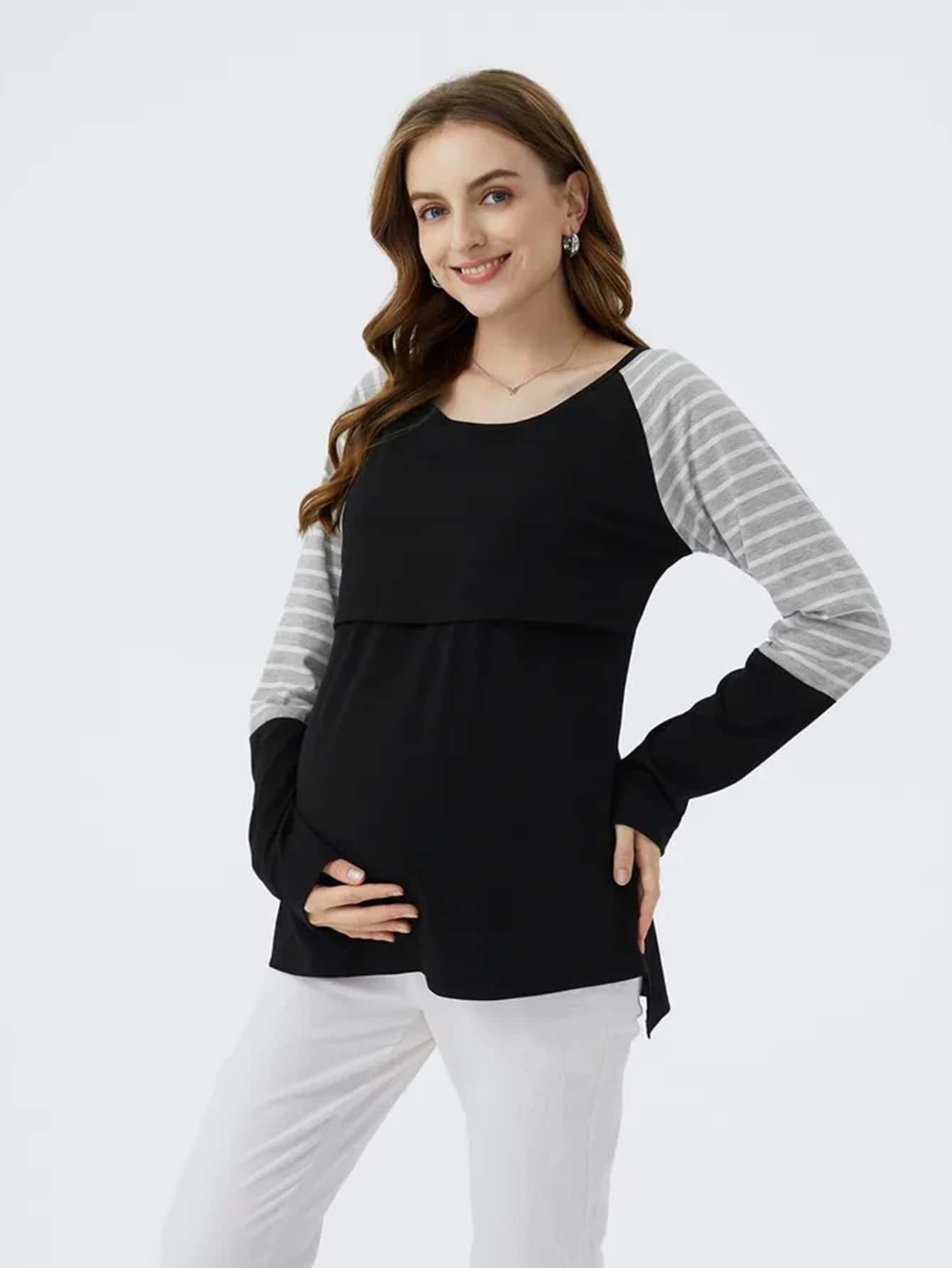 Maternity Striped Color Block Raglan Sleeve Nursing Top - Black - View 1