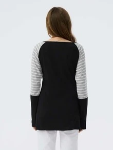 Maternity Striped Color Block Raglan Sleeve Nursing Top - Black - View 2