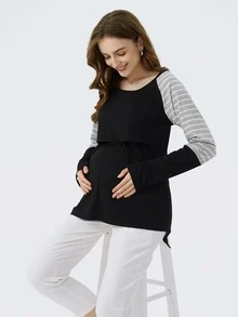 Maternity Striped Color Block Raglan Sleeve Nursing Top - Black - View 3