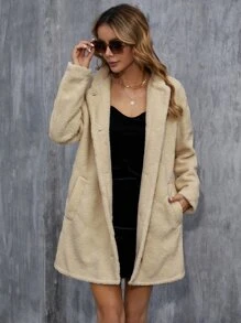 Casual Solid Color Fuzzy Jacket, Autumn/Winter - Khaki - View 1