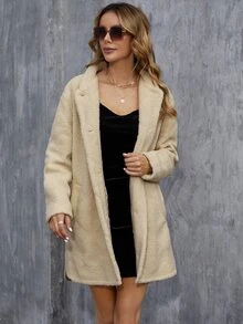 Casual Solid Color Fuzzy Jacket, Autumn/Winter - Khaki - View 4