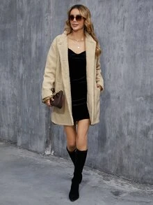 Casual Solid Color Fuzzy Jacket, Autumn/Winter - Khaki - View 5