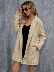 Casual Solid Color Fuzzy Jacket, Autumn/Winter - Khaki - View 8