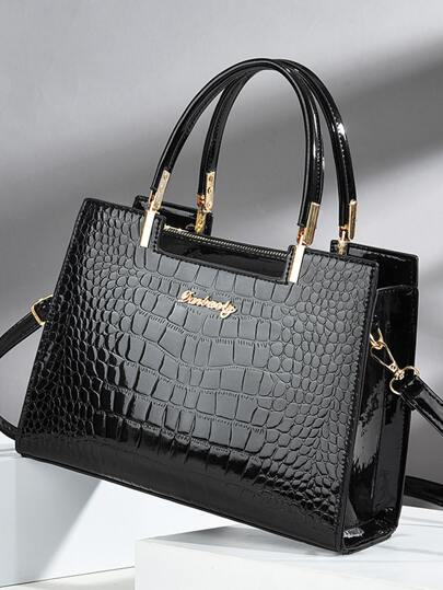 Old Moeny, Crocodile Embossed Handbag, Women's Elegant PU Zipper Shoulder Bag With Adjustable Strap, Mother's Day Gift For Mom Crocodile Embossed Tote Bag, PU Leather Solid Color Top Handle Purse, Casual Large Shoulder Bag, Eye-Catching Work Bags For Women