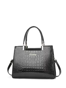 Old Moeny，鳄鱼压纹手提包，女士优雅 PU 拉链单肩包，可调节肩带，母亲节送给妈妈的礼物，鳄鱼压纹托特包，PU 皮革纯色顶部提手钱包，休闲大号单肩包，女士引人注目的工作包 - 黑色 - 查看 5