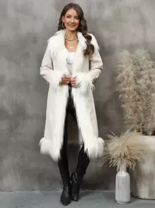 RELISH NOLESS 女士时尚纯色仿皮草拼布大衣，秋冬款 - 米色 - 查看 1