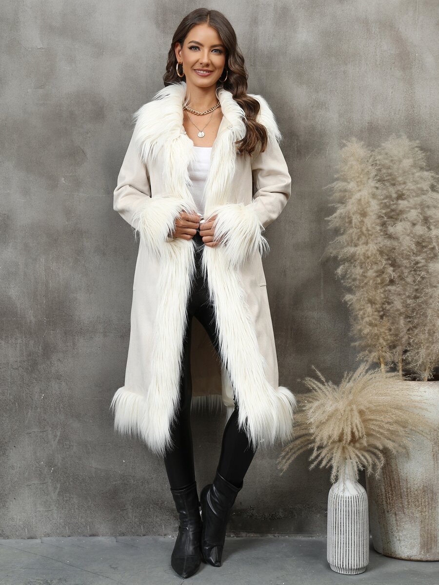 RELISH NOLESS 女士时尚纯色仿皮草拼布大衣，秋冬款 - 米色 - 查看 1