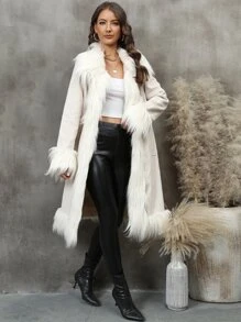 RELISH NOLESS 女士时尚纯色仿皮草拼布大衣，秋冬款 - 米色 - 查看 4