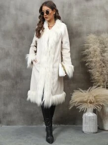 RELISH NOLESS 女士时尚纯色仿皮草拼布大衣，秋冬款 - 米色 - 查看 5