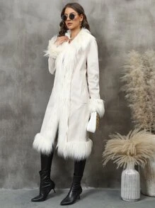 RELISH NOLESS 女士时尚纯色仿皮草拼布大衣，秋冬款 - 米色 - 查看 6