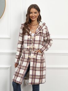Plaid Button Front Hooded Coat - Multicolor - View 1