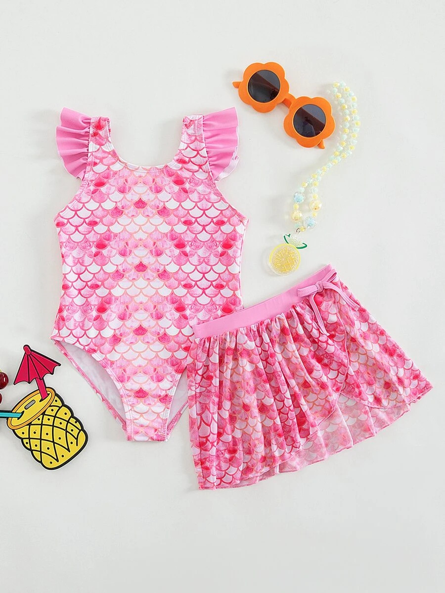 SHEIN Einteiliger Badeanzug mit Fischschuppen Muster und Strandrock für junge Mädchen - Pink - Übersicht 1