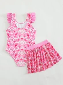 SHEIN Einteiliger Badeanzug mit Fischschuppen Muster und Strandrock für junge Mädchen - Pink - Übersicht 2