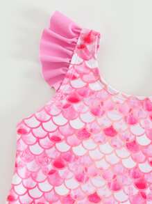 SHEIN Einteiliger Badeanzug mit Fischschuppen Muster und Strandrock für junge Mädchen - Pink - Übersicht 3