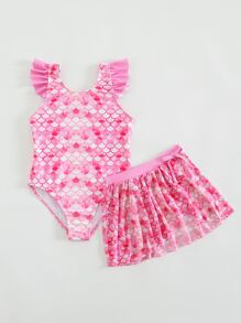 SHEIN Einteiliger Badeanzug mit Fischschuppen Muster und Strandrock für junge Mädchen - Pink - Übersicht 4