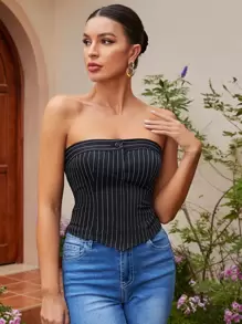 SHEINNeu Striped Asymmetrical Hem Tube Top - Black - View 3