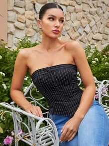 SHEINNeu Striped Asymmetrical Hem Tube Top - Black - View 5