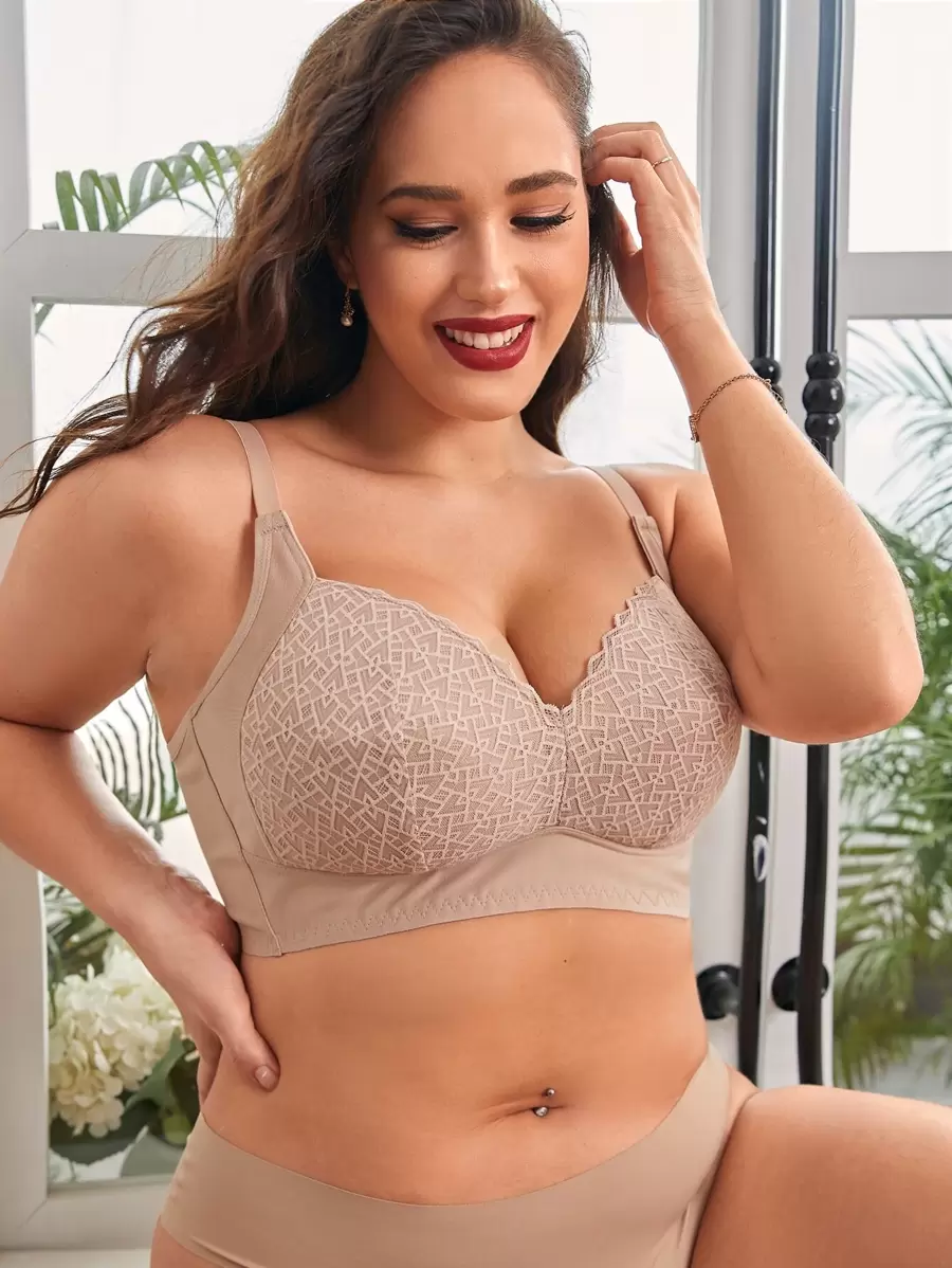 Plus Size Lace Patchwork Wireless Bra, 1pc