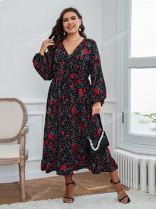 Elegant Bloemen Stippen Grote maat jurk Geribd