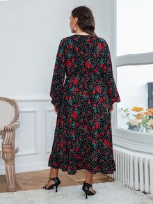 Plus Polka Dot & Floral Print Lantern Sleeve Dress - Multicolor - View 2