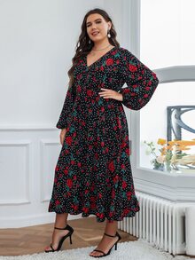 Plus Polka Dot & Floral Print Lantern Sleeve Dress - Multicolor - View 3