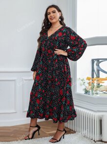Elegant Bloemen Stippen Grote maat jurk Geribd