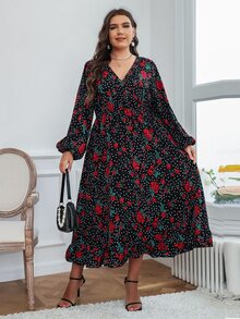 Plus Polka Dot & Floral Print Lantern Sleeve Dress - Multicolor - View 4