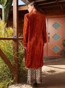 SHEINNeu Lapel Neck Belted Velvet Coat - Brown - View 2