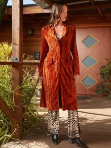 SHEINNeu Lapel Neck Belted Velvet Coat - Brown - View 3